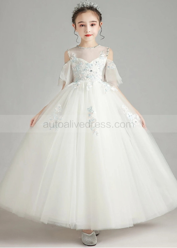 Cold Shoulder Beaded Lace Tulle Flower Girl Dress